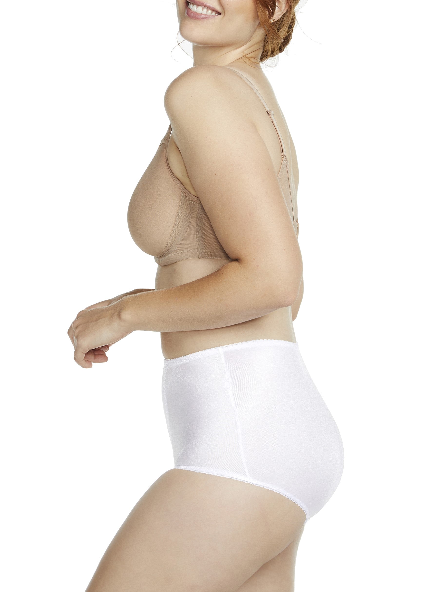 woman wearing a beige bra and shaping brief
