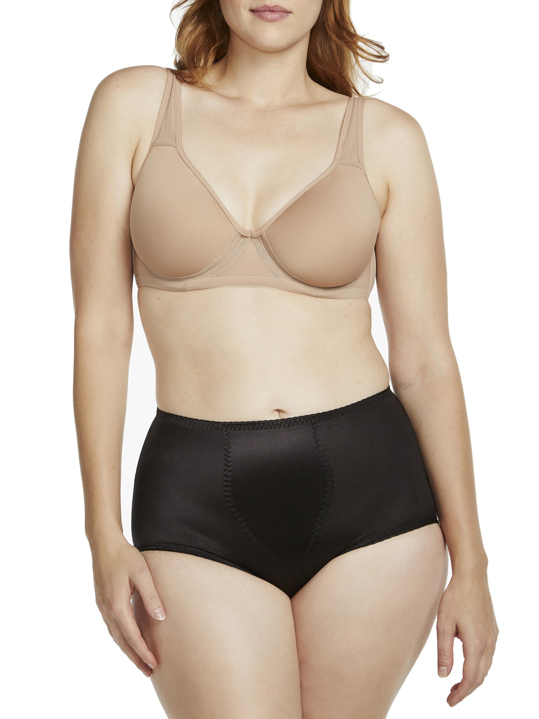 woman wearing a beige bra and shaping brief