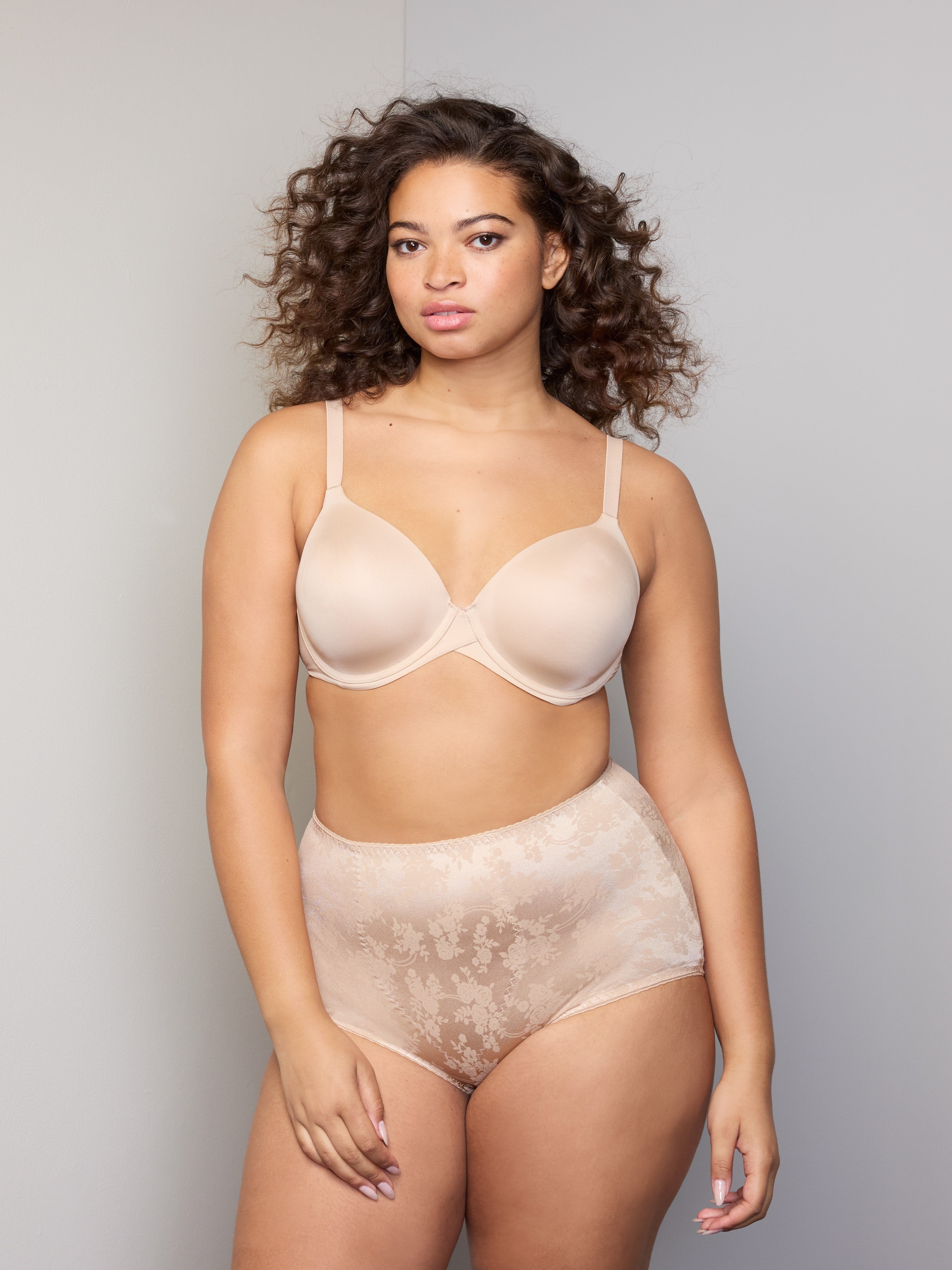 woman wearing a beige bra and shaping brief