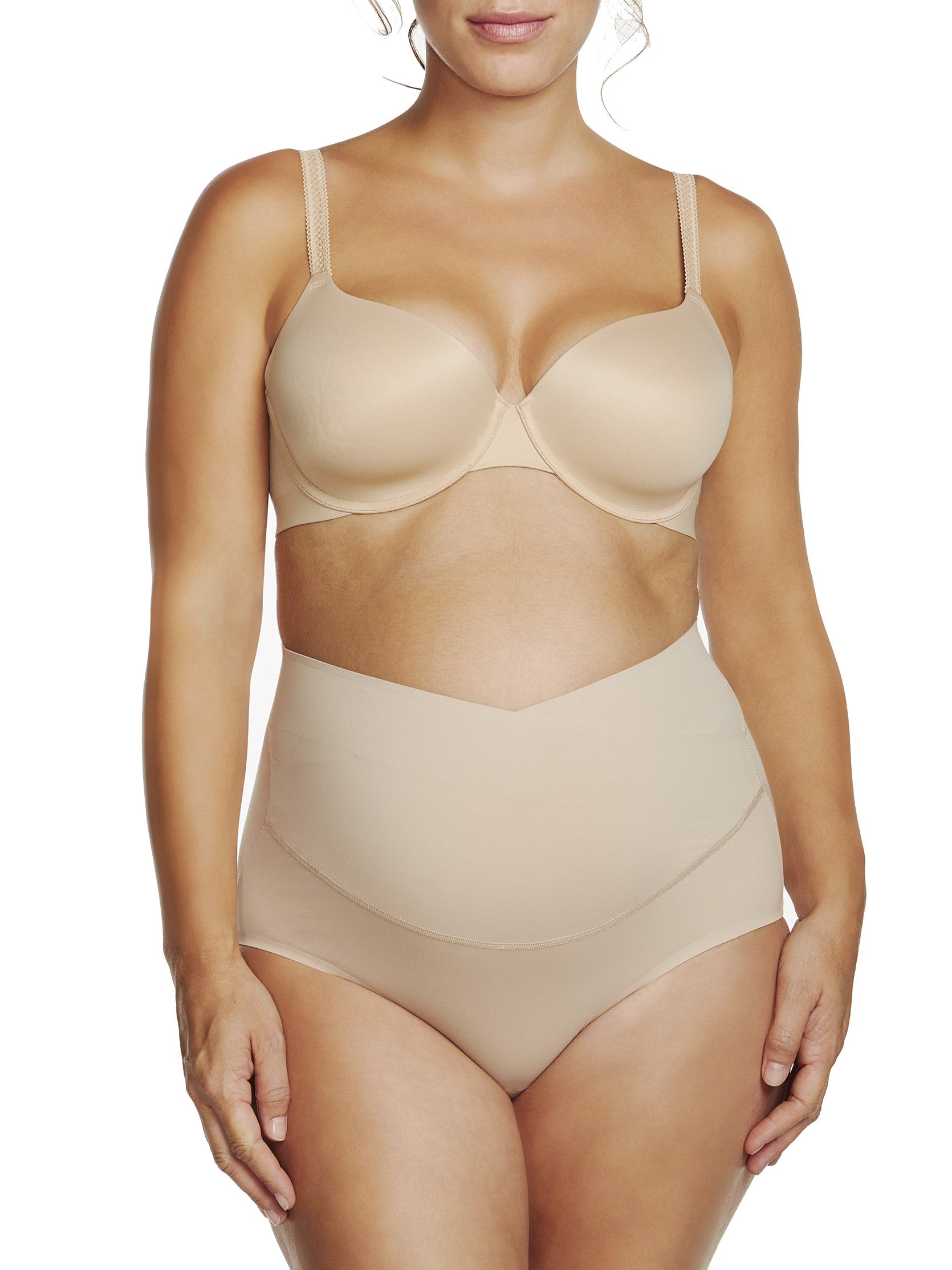 woman wearing a beige bra and shaping brief