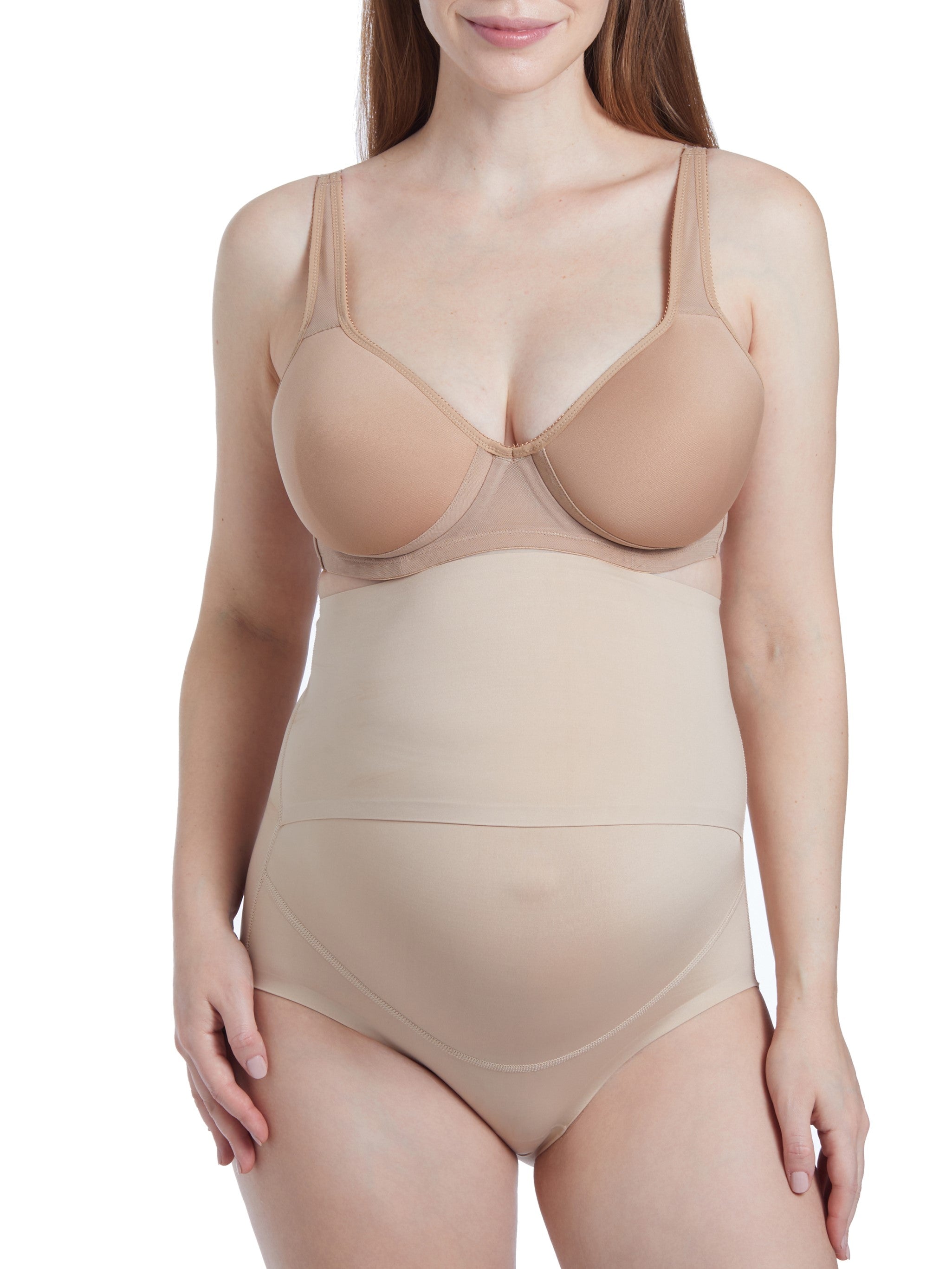 woman wearing a beige bra and shaping brief