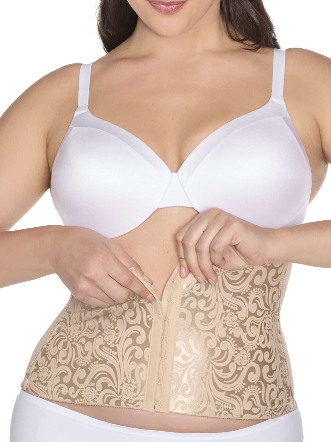 woman wearing a beige bra and shaping brief