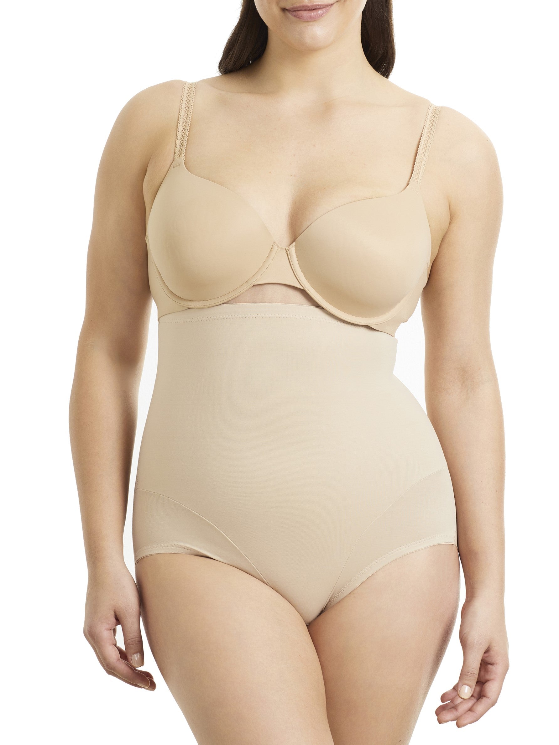 woman wearing a beige bra and shaping brief
