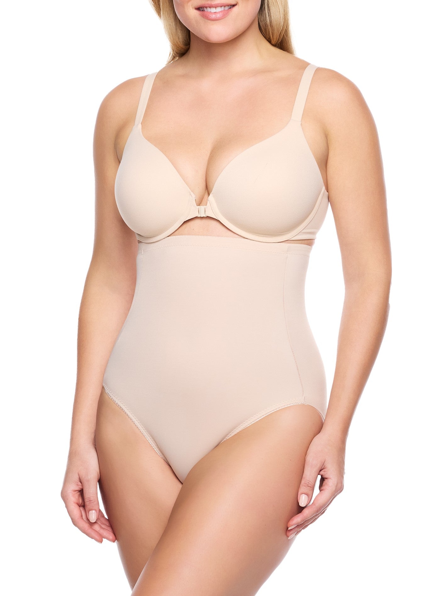 woman wearing a beige bra and shaping brief